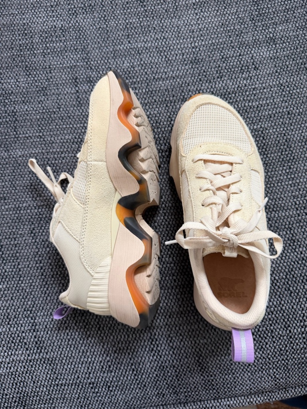 Sorel Cream Athletic Sneakers with Tortoiseshell and Purple Accents